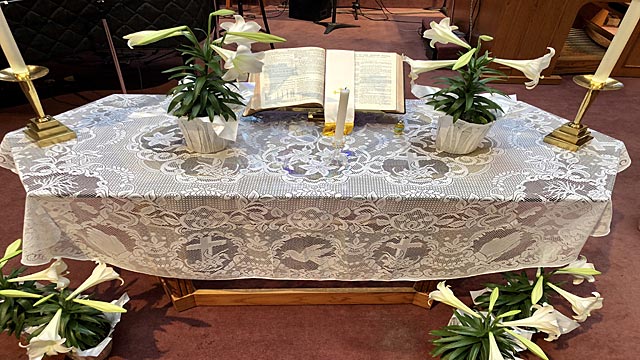 Easter Service, Lilies Beside Holy Bible, Oakwood United Methodist Church, Lubbock Texas
