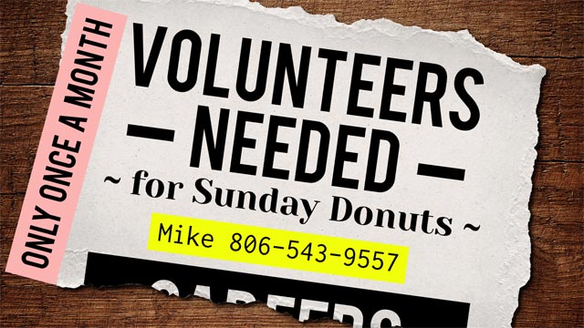 Volunteers Needed, Sunday Donuts and Coffee | Oakwood United Methodist Church, Lubbock Texas